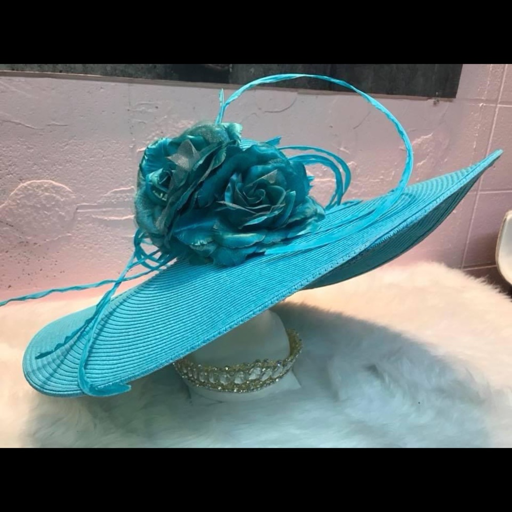 Turquoise floral wide brim hat